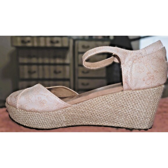 Toms Raffia Wedge Platform Boujee Sandal Beige Jacquard Rose Gold stich 7.5 - Picture 12 of 16